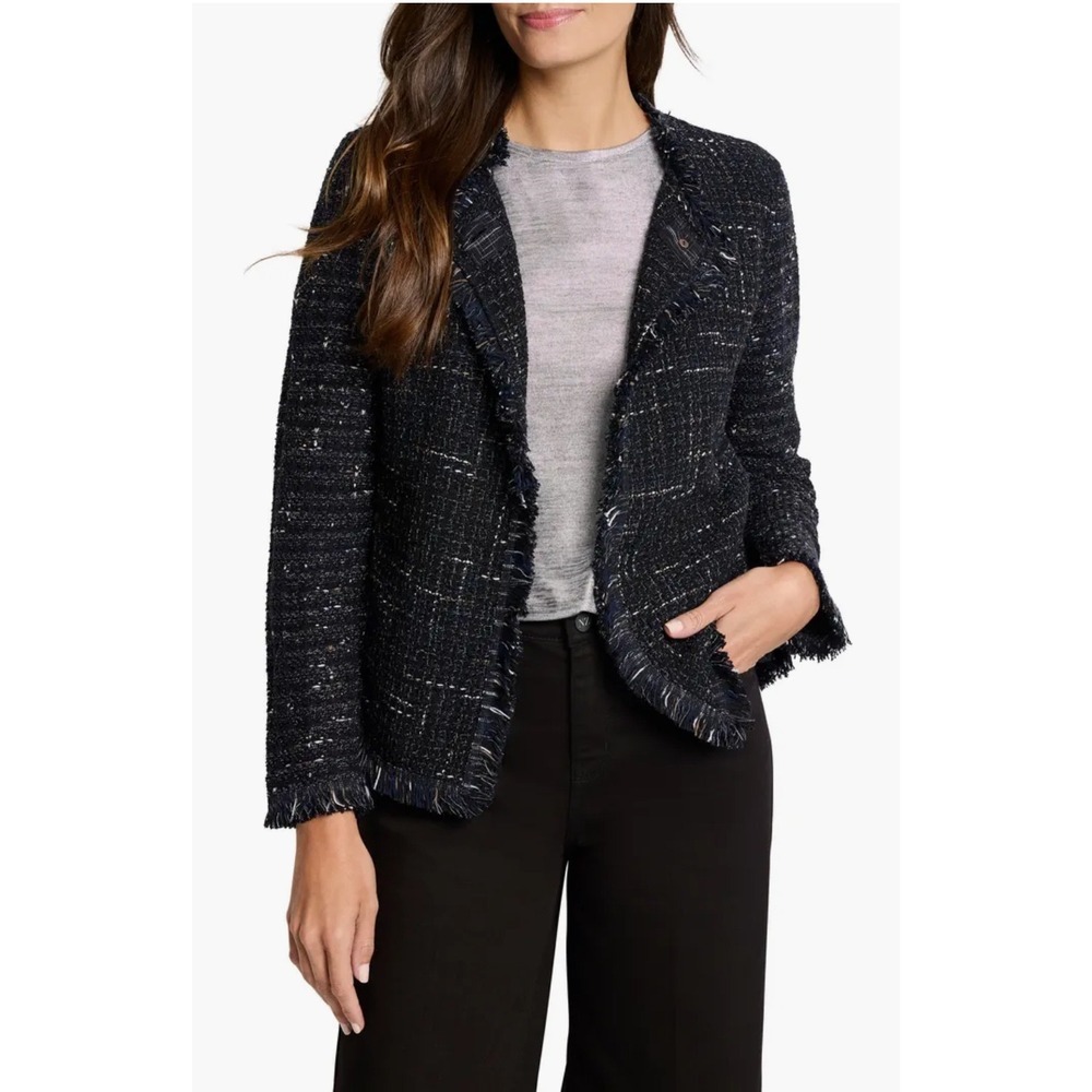 NIC ZOE Tweed Fringe Collarless‎ Blazer Jacket Navy Multi Textured Cropped pp